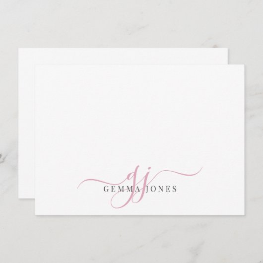 Chique Monogram Roze Script in initialen, Notitiekaartje (Voorkant / Achterkant)