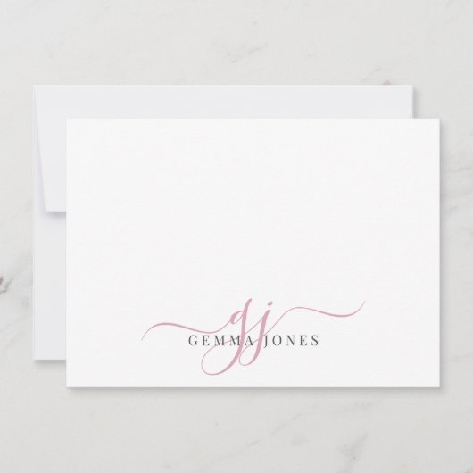 Chique Monogram Roze Script Initialen Notitiekaartje (Voorkant)