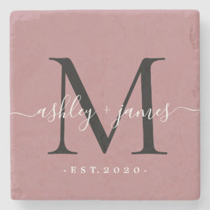 Chique monogram script naam trouwdatum stoffig roz stenen onderzetter