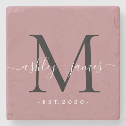 Chique monogram script naam trouwdatum stoffig roz stenen onderzetter (Voorkant)