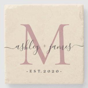 Chique monogram script namen huwelijksdatum ivoor stenen onderzetter