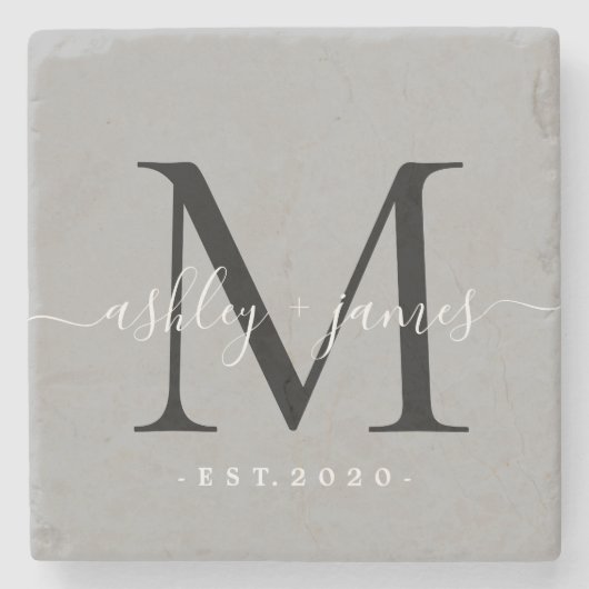 Chique monogram script namen trouwdatum grijs stenen onderzetter (Voorkant)