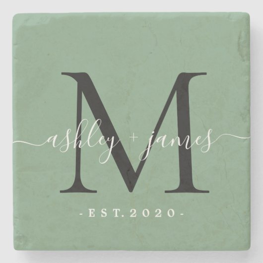 Chique monogram script namen trouwdatum groen stenen onderzetter (Voorkant)