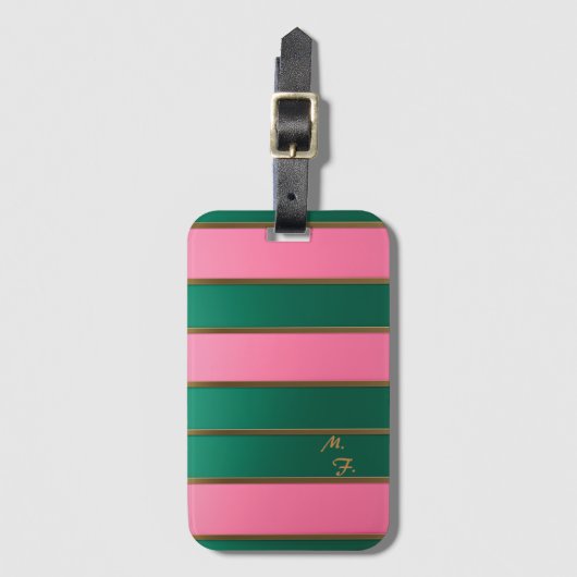 Chique monogram vet roze & groen, goud gestreept bagagelabel (Voorkant (verticaal))