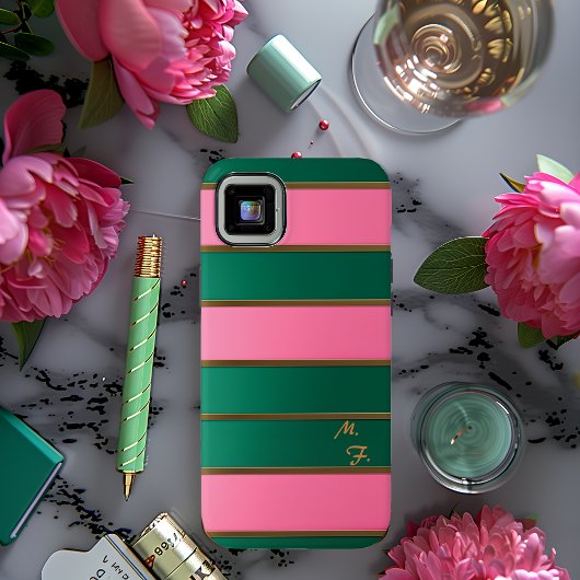 Chique monogram vet roze & groen, goud gestreept Case-Mate iPhone case