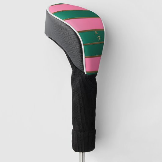 Chique monogram vet roze & groen, goud gestreept golfheadcover (Schuin)