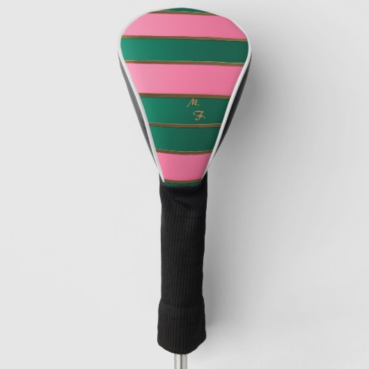 Chique monogram vet roze & groen, goud gestreept golfheadcover (Voorkant)
