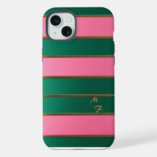 Chique monogram vet roze & groen, goud gestreept iPhone 15 plus case