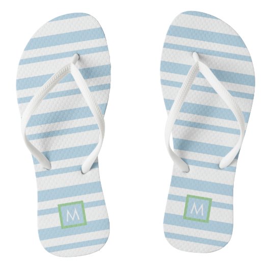 Chique Monogram Wit en Lichtblauw Strepen Teenslippers (Voetbed)
