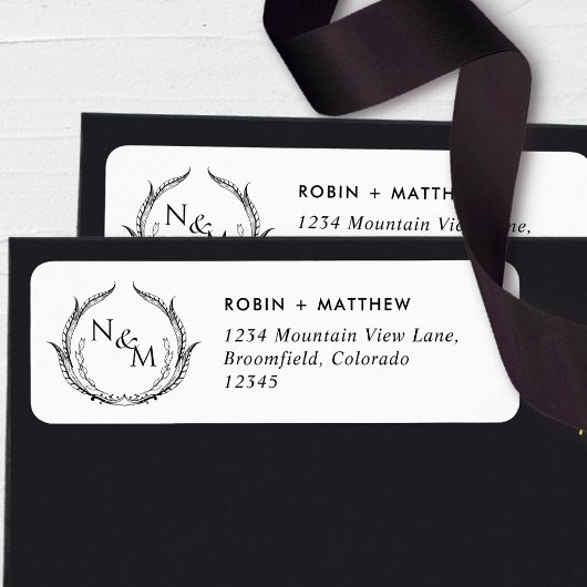 Chique Monogram Zwart Wit Bruiloft Retouradres Etiket