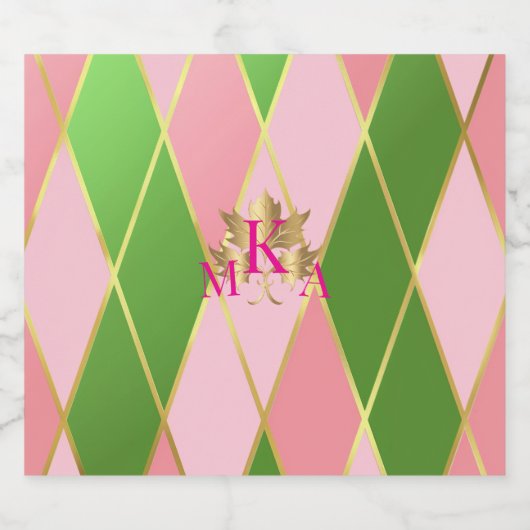 Chique Monogrammed Roze en Groen Sparkling Wijnetiket (Enkel label)