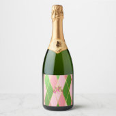 Chique Monogrammed Roze en Groen Sparkling Wijnetiket (Voorkant)