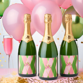 Chique Monogrammed Roze en Groen Sparkling Wijnetiket