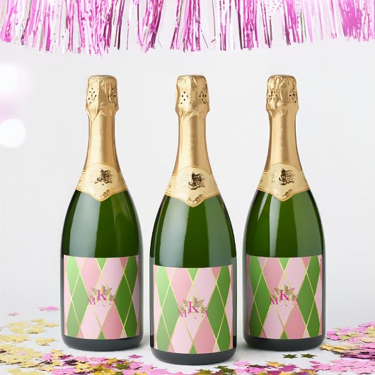 Chique Monogrammed Roze en Groen Sparkling Wijnetiket