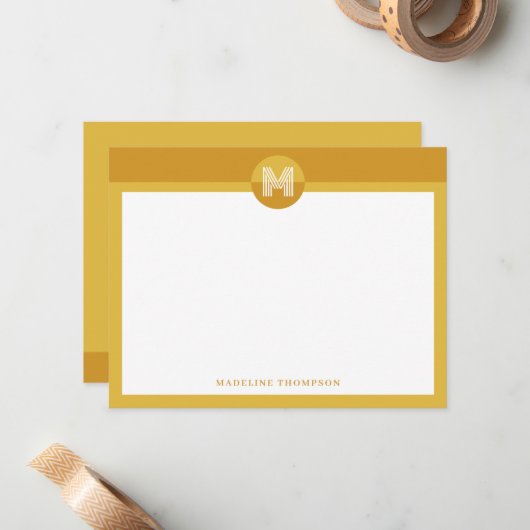 Chique mosterd geel geometrisch modern monogram notitiekaartje (Voorkant / Achterkant in situ)