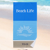 Chique Naam Tan en Lichtblauw Strepen Zee Strandlaken