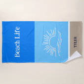 Chique Naam Tan en Lichtblauw Strepen Zee Strandlaken (Voorkant)