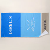 Chique Naam Tan Wit en Blauwe Strepen Strandlaken (Voorkant)