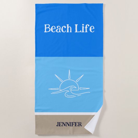 Chique Naam Tan Wit en Blauwe Strepen Strandlaken (Voorkant)