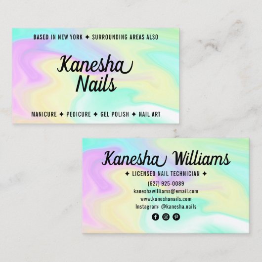 Chique nagelsalon holografische kleurrijke marmere visitekaartje (Voorkant / Achterkant)
