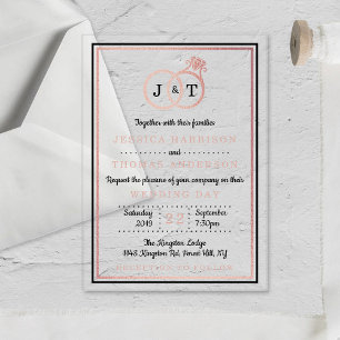 Chique namaak roze gouden folie monogram trouwring acryl uitnodigingen