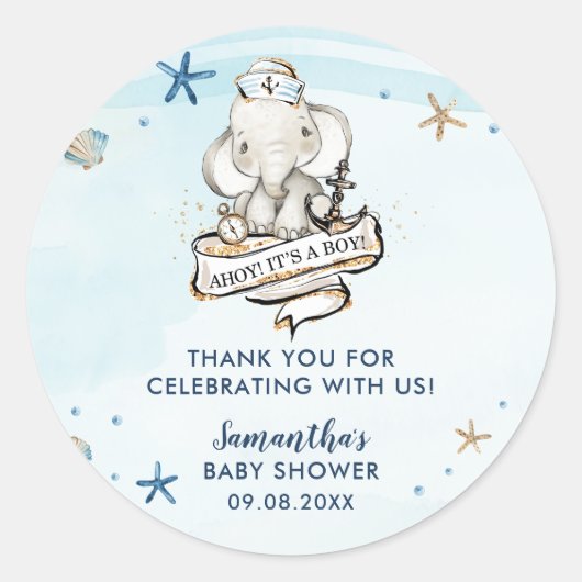 Chique Nautical Leuke Olifant Boy Baby shower Favo Ronde Sticker (Voorkant)