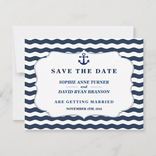 Chique Nautical Navy Waves Anker Bruiloft Save The Date (Voorkant)