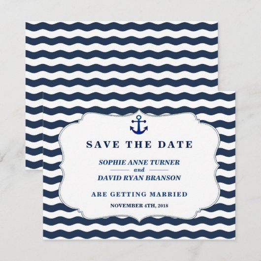Chique Nautical Navy Waves Anker Bruiloft Save The Date (Voorkant / Achterkant)