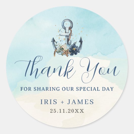 Chique nautische anker moderne strand bruiloft ronde sticker (Voorkant)