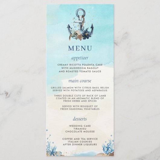 Chique nautische anker strand kust bruiloft menu (Voorkant)
