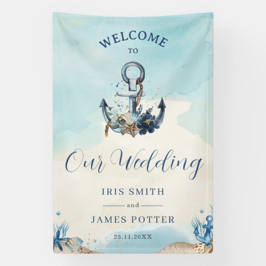 Chique nautische anker strand moderne bruiloft wel spandoek (Verticaal)