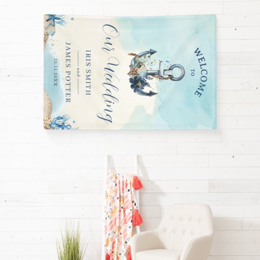 Chique nautische anker strand moderne bruiloft wel spandoek (Insitu)