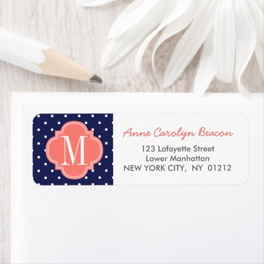 Chique nautische marine polka stippen koraal geper etiket (Insitu)