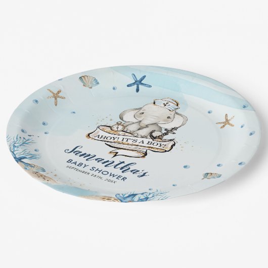 Chique nautische Schattigee olifant jongen Baby sh Papieren Bordje (Gekanteld)