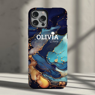 Chique navy aqua oranje marmer nep glinsterend mon Case-Mate iPhone 14 hoesje
