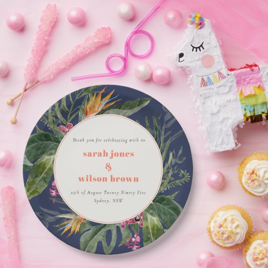 Chique Navy Blauw Blush Boho Tropische Bloemen Bru Papieren Bordje (Feest)