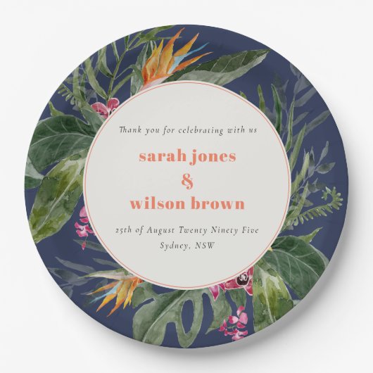 Chique Navy Blauw Blush Boho Tropische Bloemen Bru Papieren Bordje (Voorkant)