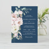 Chique Navy Blauw Blush Ivoor Pioenen Bloemen Brui Kaart (Staand voorkant)