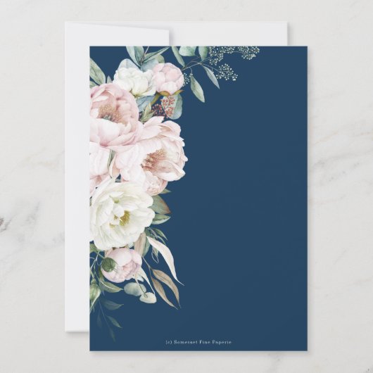 Chique Navy Blauw Blush Ivoor Pioenen Bloemen Brui Kaart (Achterkant)