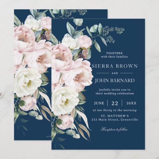 Chique Navy Blauw Blush Ivoor Pioenen Bloemen Brui Kaart (Voorkant / Achterkant)