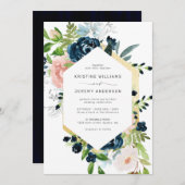 Chique Navy Blauw Blush Roze Rozen Bloemen Bruilof Kaart (Voorkant / Achterkant)