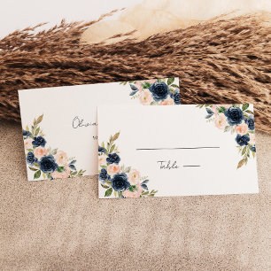Chique Navy Blauw en Blush Roze Bloemen Bruiloft F Plaatskaartje