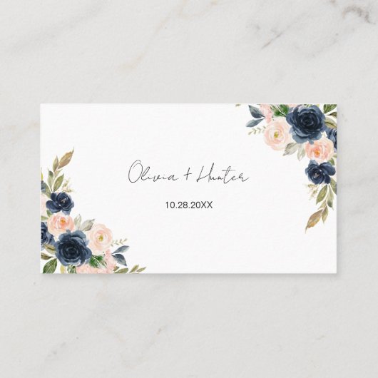 Chique Navy Blauw en Blush Roze Bloemen Bruiloft F Plaatskaartje (Achterkant)