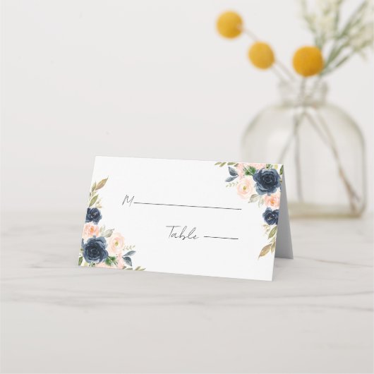 Chique Navy Blauw en Blush Roze Bloemen Bruiloft Plaatskaartje (Voorkant)