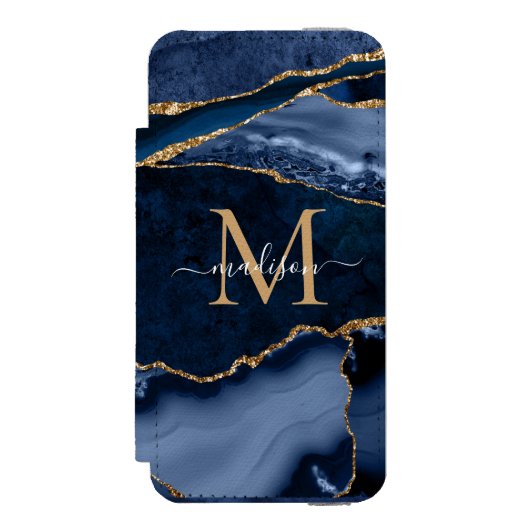 Chique Navy Blauw Goud Agaat Geode Vrouwelijk Mono Incipio iPhone Portemonnee Hoesje (Voorkant Agenda)
