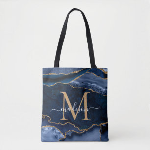 Chique Navy Blauw Goud Agaat Geode Vrouwelijk Mono Tote Bag