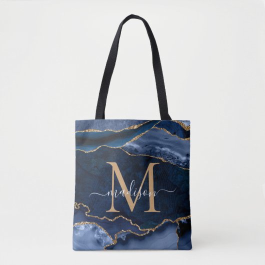 Chique Navy Blauw Goud Agaat Geode Vrouwelijk Mono Tote Bag (Voorkant)