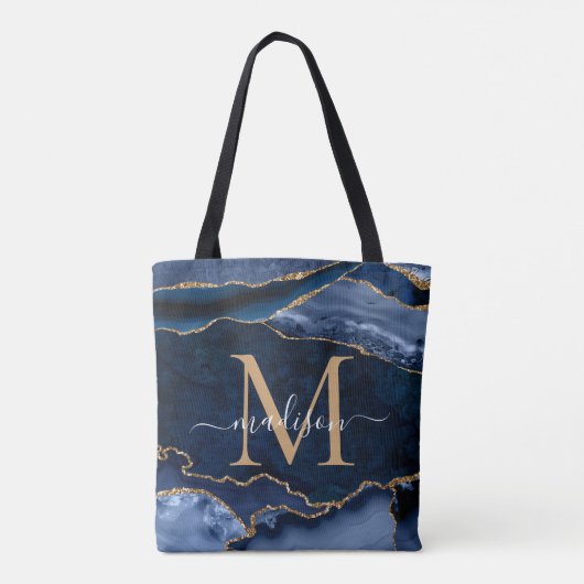 Chique Navy Blauw Goud Agaat Geode Vrouwelijk Mono Tote Bag (Achterkant)