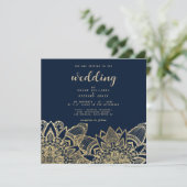 Chique Navy blauw goud script bloemenmandala bruil Kaart (Staand voorkant)