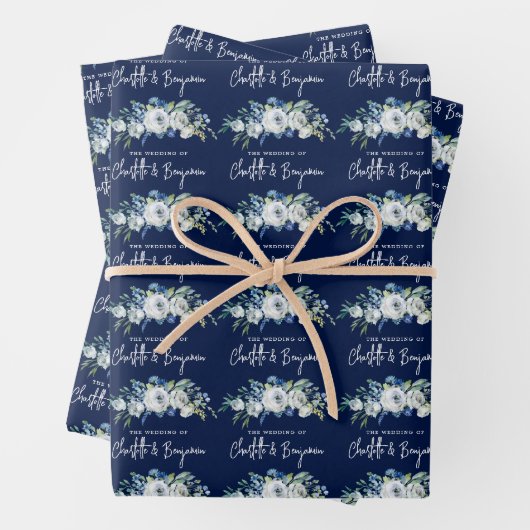 Chique Navy Blauw Wit Pioen Bloemen Aangepaste Bru Inpakpapier Vel (In situ)